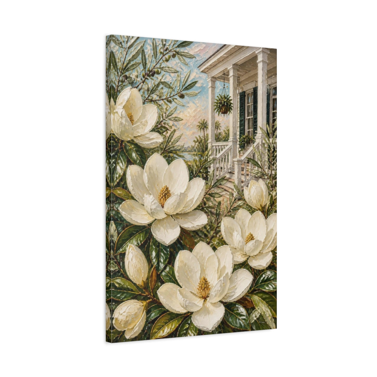 Side Mockup 2. Magnolia Flowers On Porch shown as canvas print
