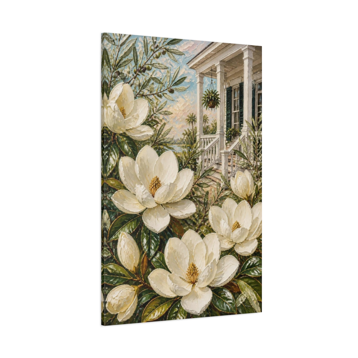 Side Mockup 1. Magnolia Flowers On Porch shown as canvas print