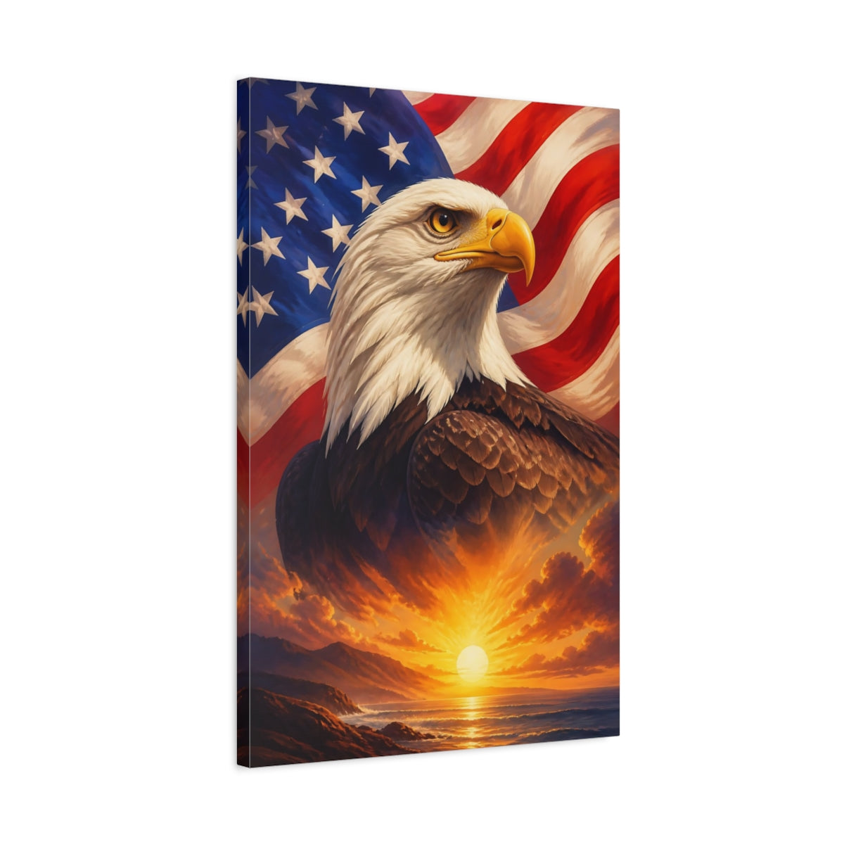 Side Mockup 2. Majestic Bald Eagle Sunrise shown as canvas print