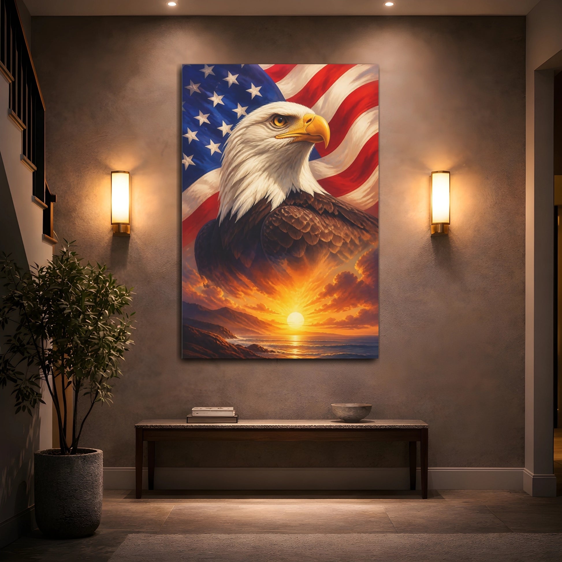Mockup 2. Majestic Bald Eagle Sunrise shown as canvas print