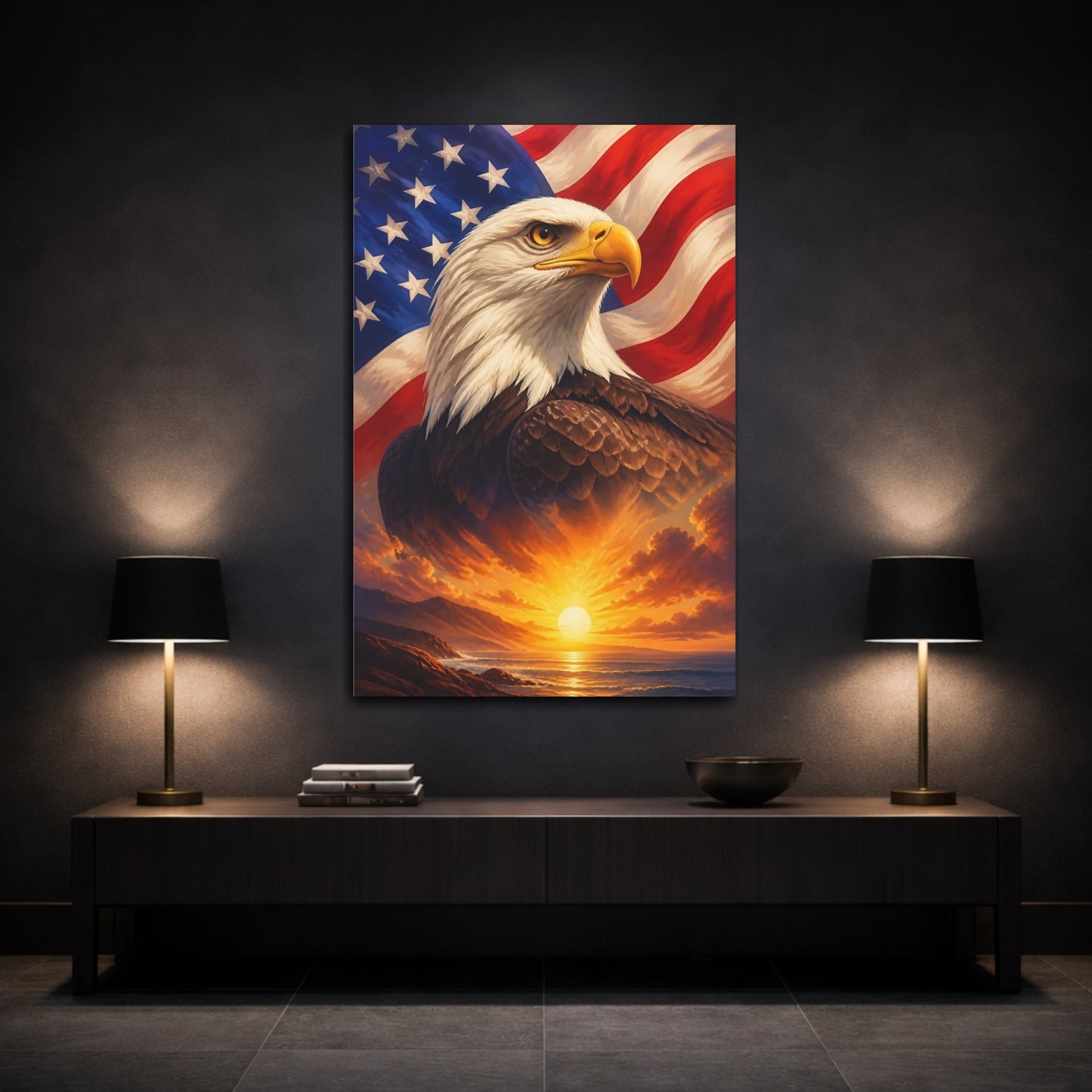 Mockup 3. Majestic Bald Eagle Sunrise shown as canvas print