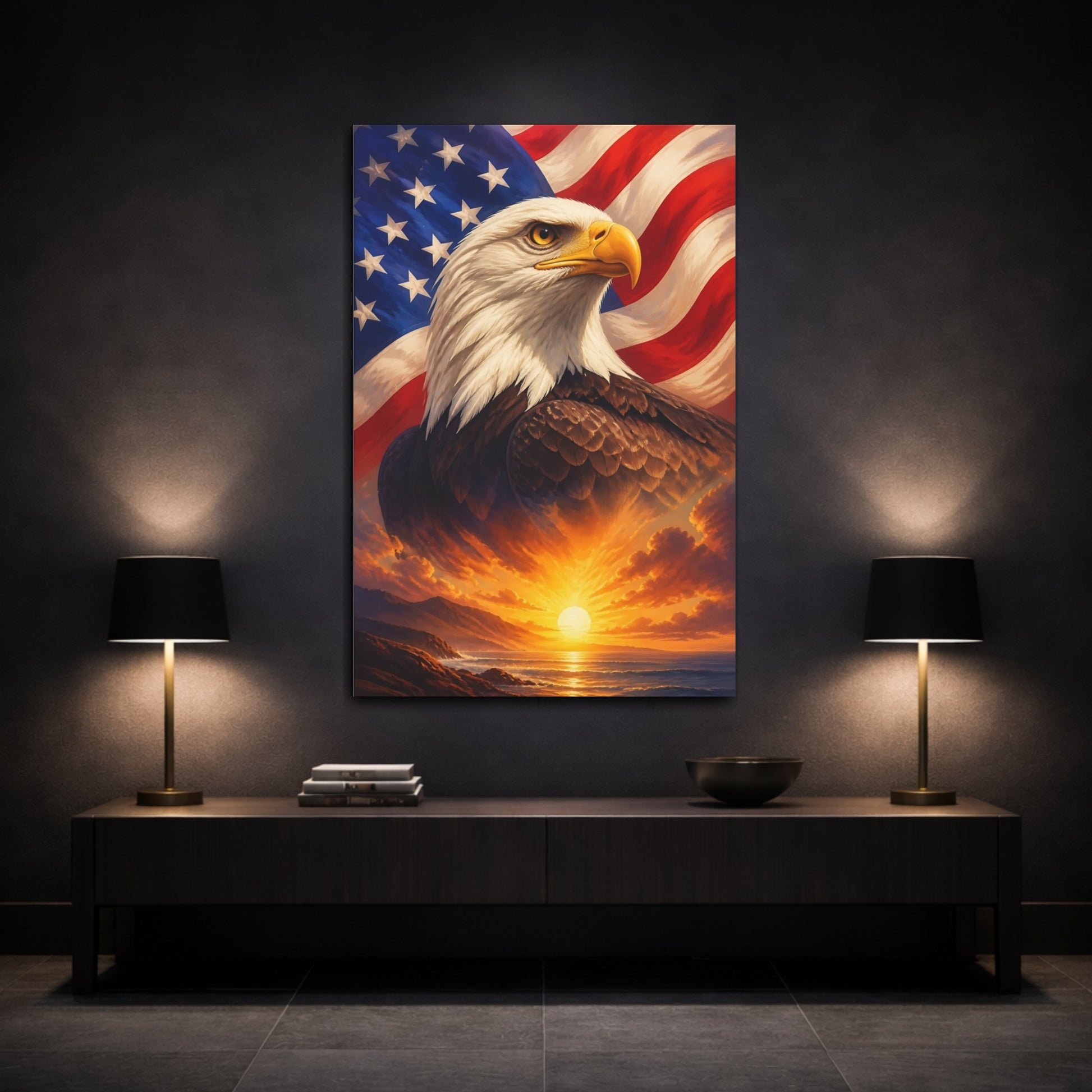 Mockup 3. Majestic Bald Eagle Sunrise shown as canvas print