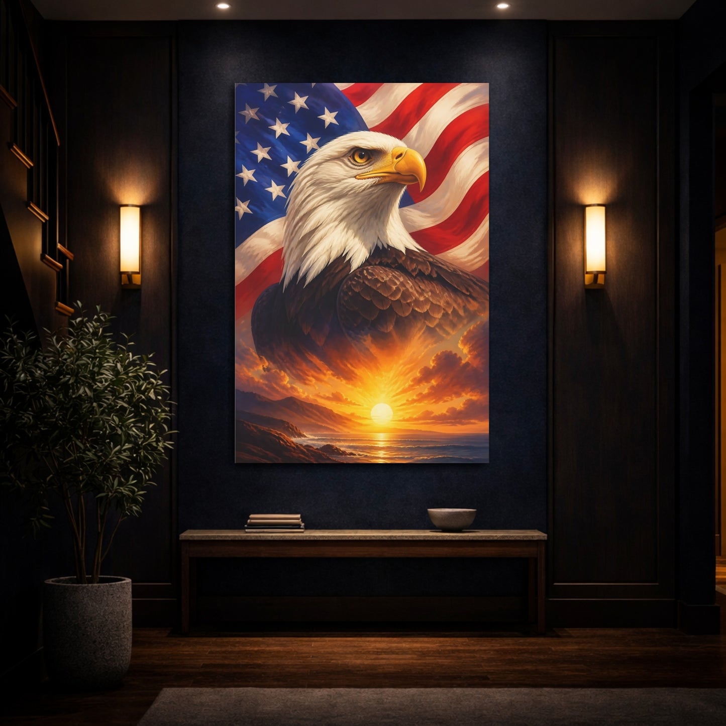Mockup 4. Majestic Bald Eagle Sunrise shown as canvas print