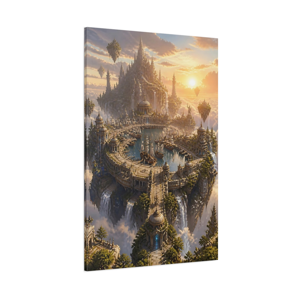 Side Mockup 1. Majestic Floating City Harbor shown as canvas print