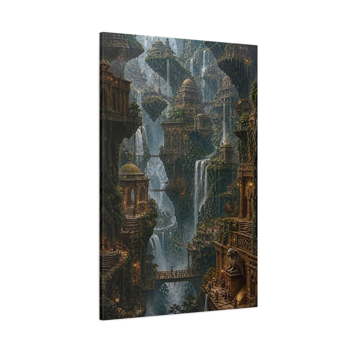 Side Mockup 1. Majestic Floating Cityscape shown as canvas print