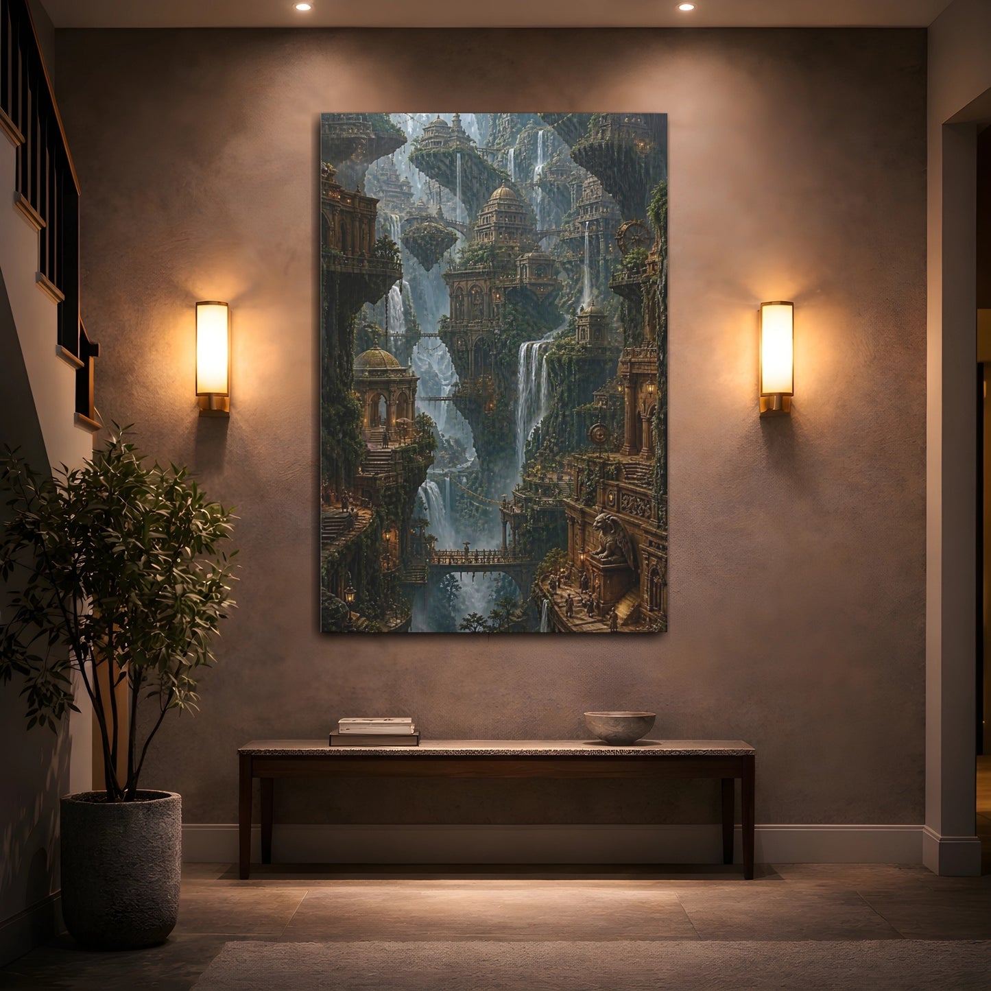 Mockup 2. Majestic Floating Cityscape shown as canvas print