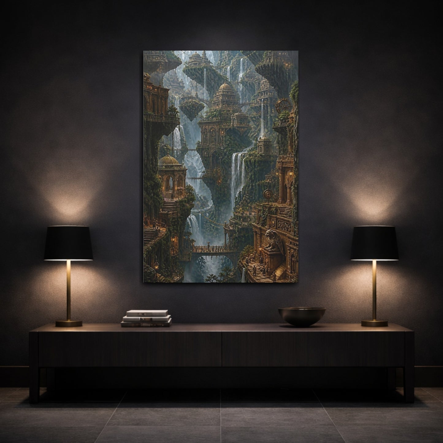 Mockup 3. Majestic Floating Cityscape shown as canvas print