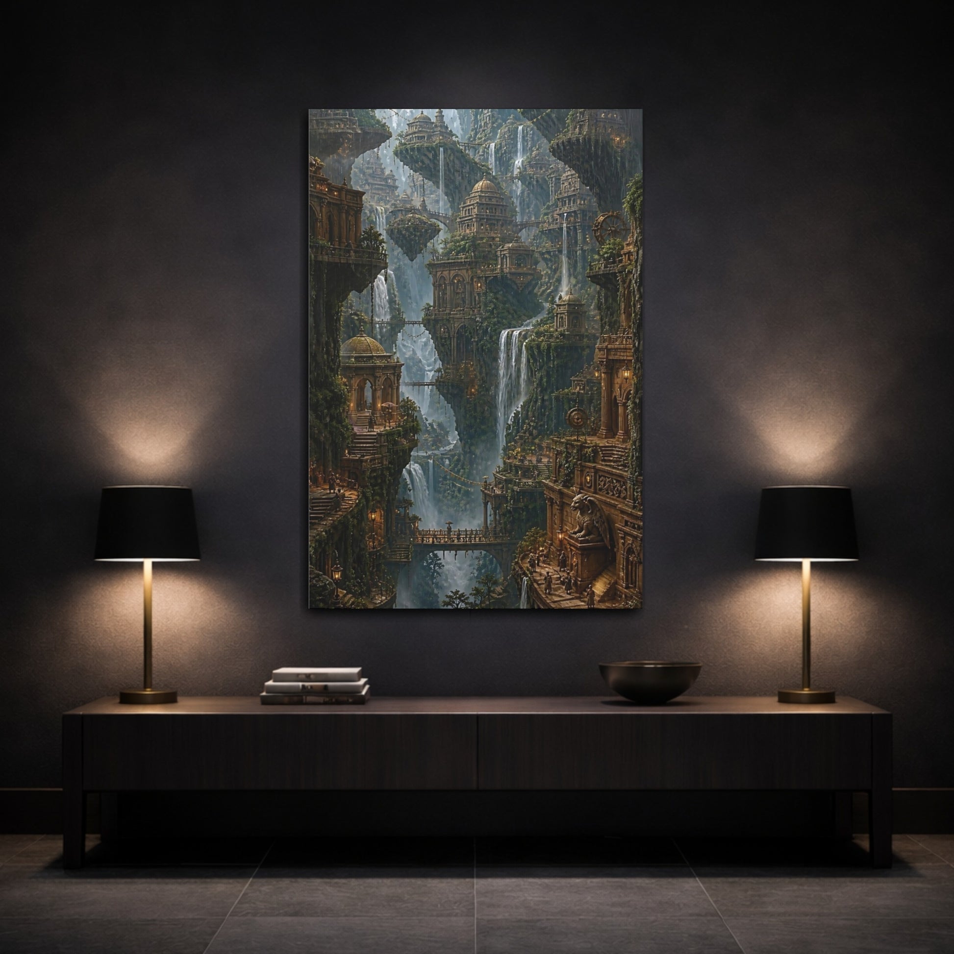 Mockup 3. Majestic Floating Cityscape shown as canvas print