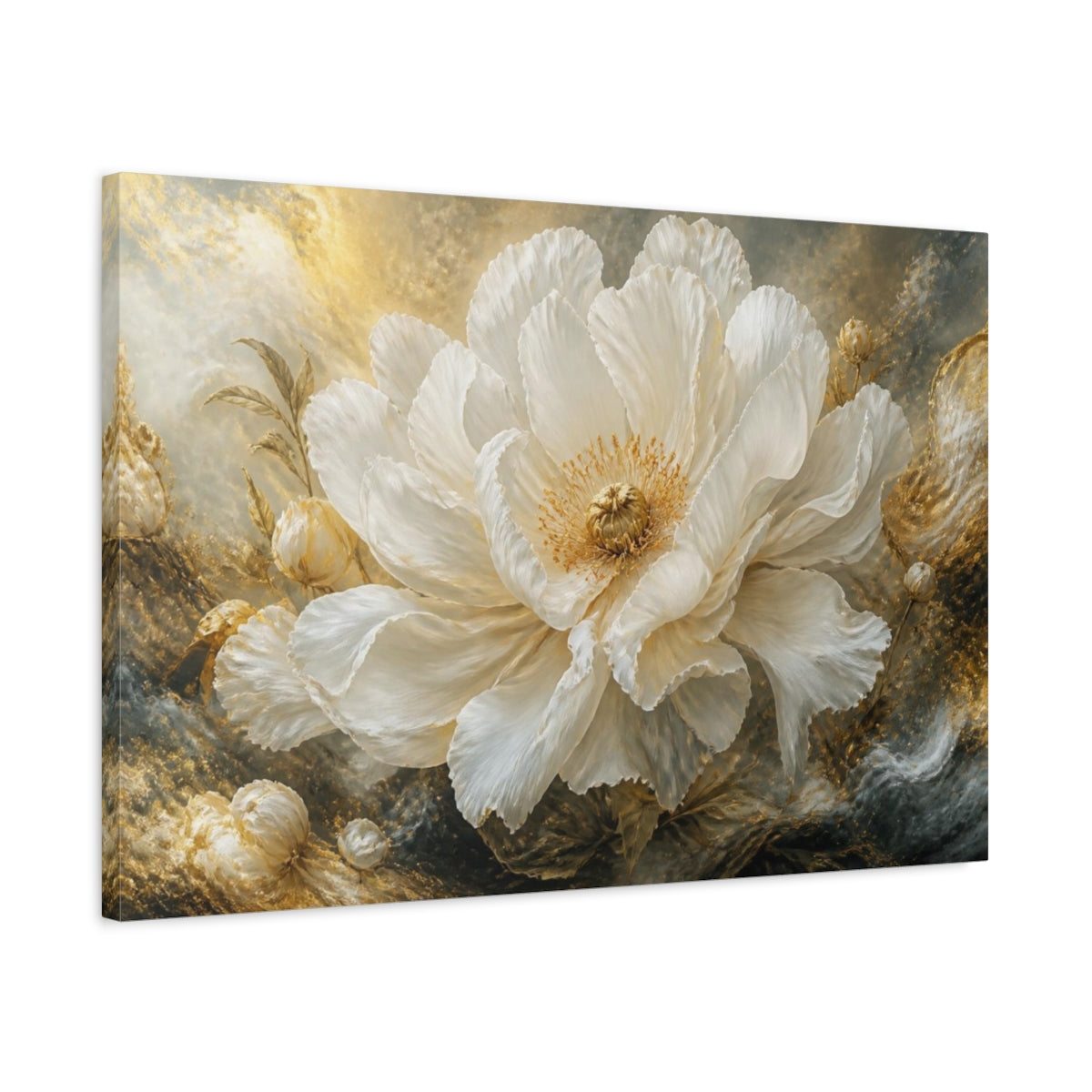 Side Mockup 2. Majestic Floral White Peony shown as canvas print