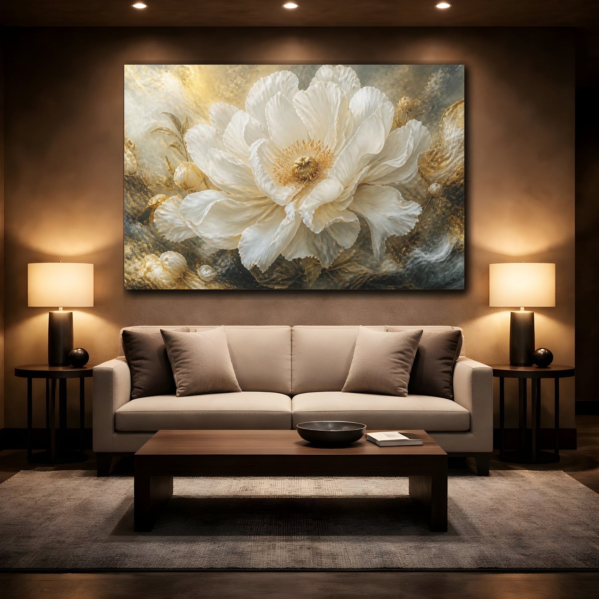 Mockup 2. Majestic Floral White Peony shown as canvas print