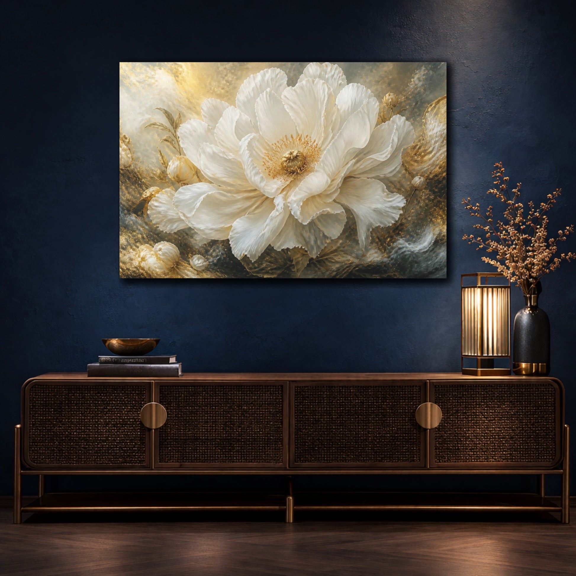 Mockup 4. Majestic Floral White Peony shown as canvas print