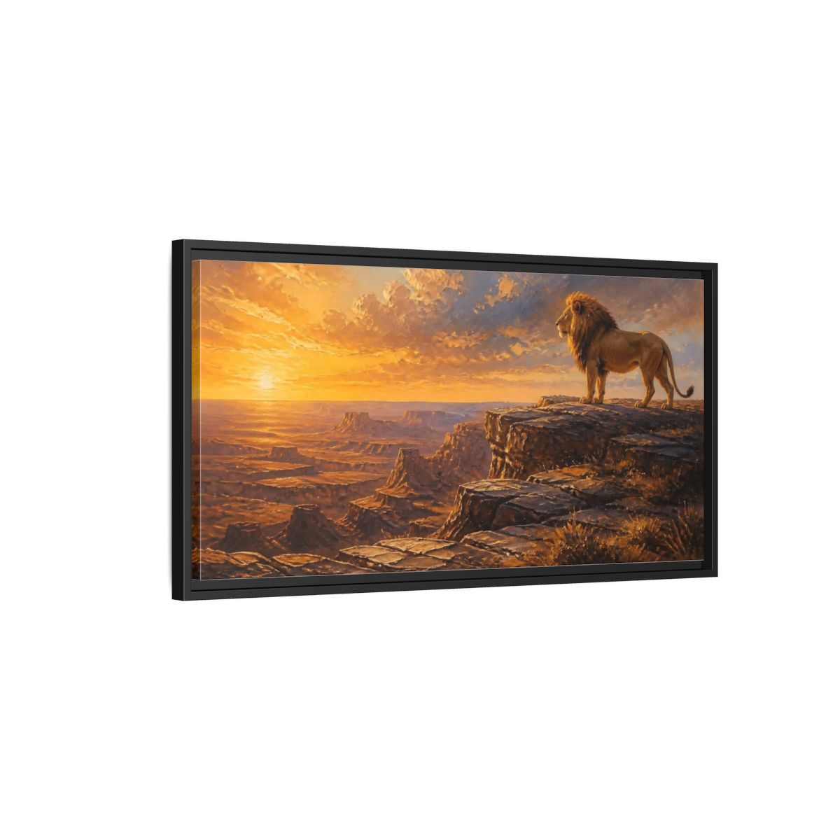 Side Mockup 2. Majestic Lion At Sunset shown as framed canvas print