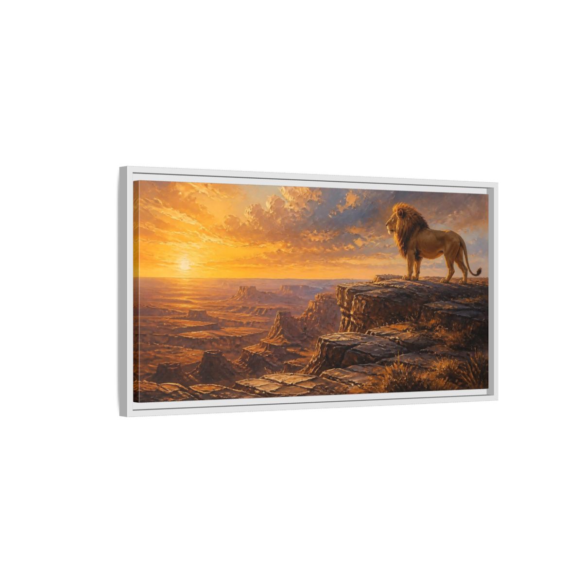Side Mockup 1. Majestic Lion At Sunset shown as framed canvas print