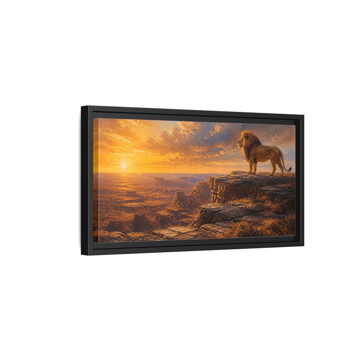 Side Mockup 8. Majestic Lion At Sunset shown as framed canvas print