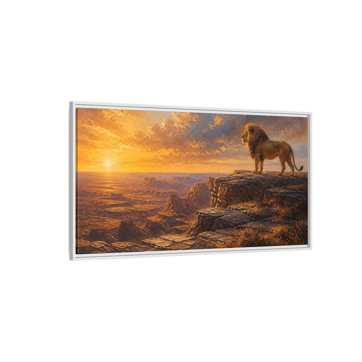Side Mockup 3. Majestic Lion At Sunset shown as framed canvas print