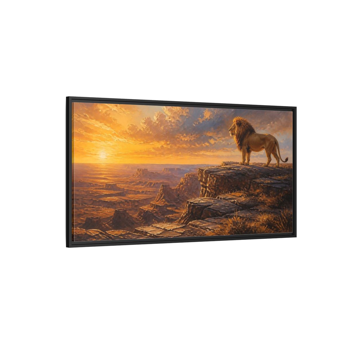 Side Mockup 5. Majestic Lion At Sunset shown as framed canvas print