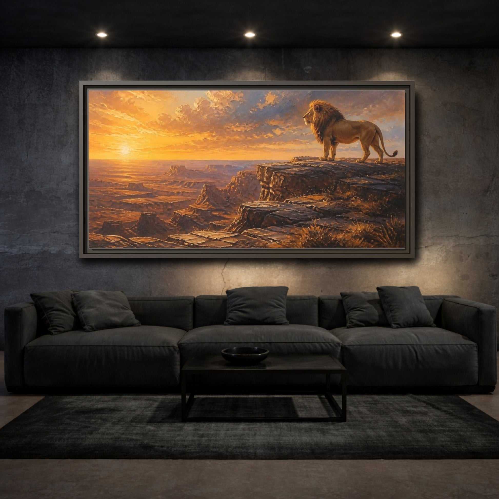Mockup 3. Majestic Lion At Sunset shown as framed canvas print