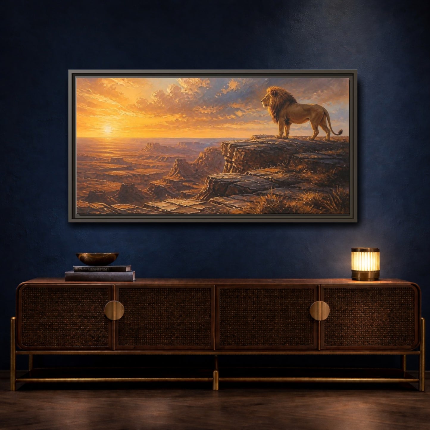 Mockup 4. Majestic Lion At Sunset shown as framed canvas print