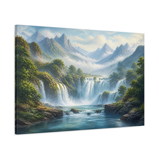 Main Mockup. Majestic Mountain Waterfalls shown as canvas print