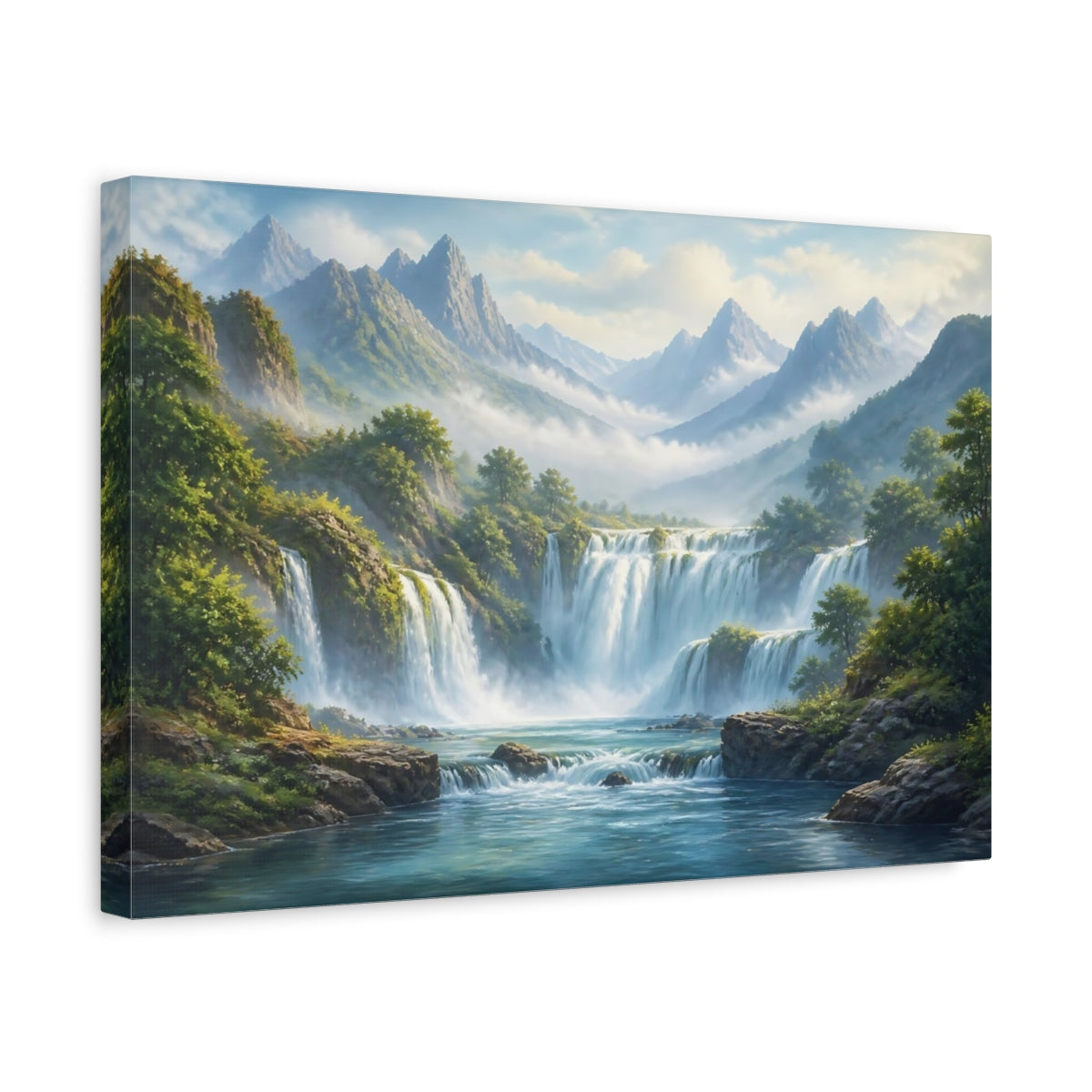 Side Mockup 4. Majestic Mountain Waterfalls shown as canvas print
