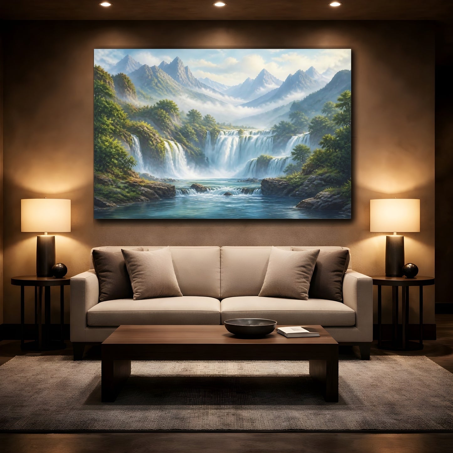 Mockup 2. Majestic Mountain Waterfalls shown as canvas print