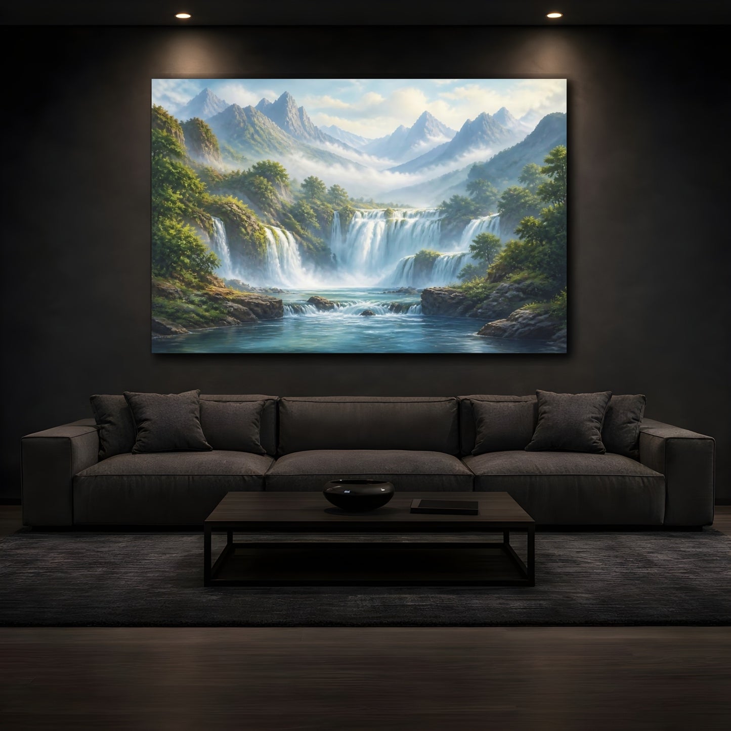 Mockup 3. Majestic Mountain Waterfalls shown as canvas print