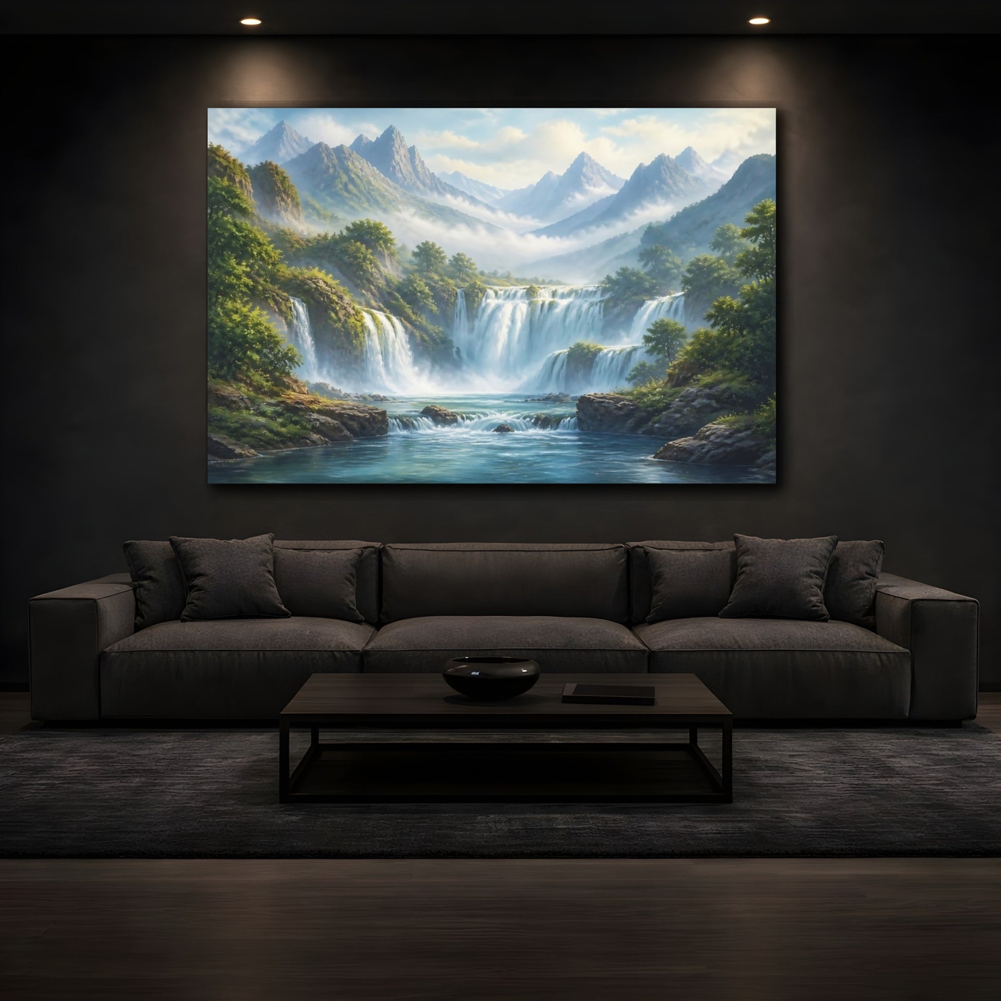 Mockup 3. Majestic Mountain Waterfalls shown as canvas print