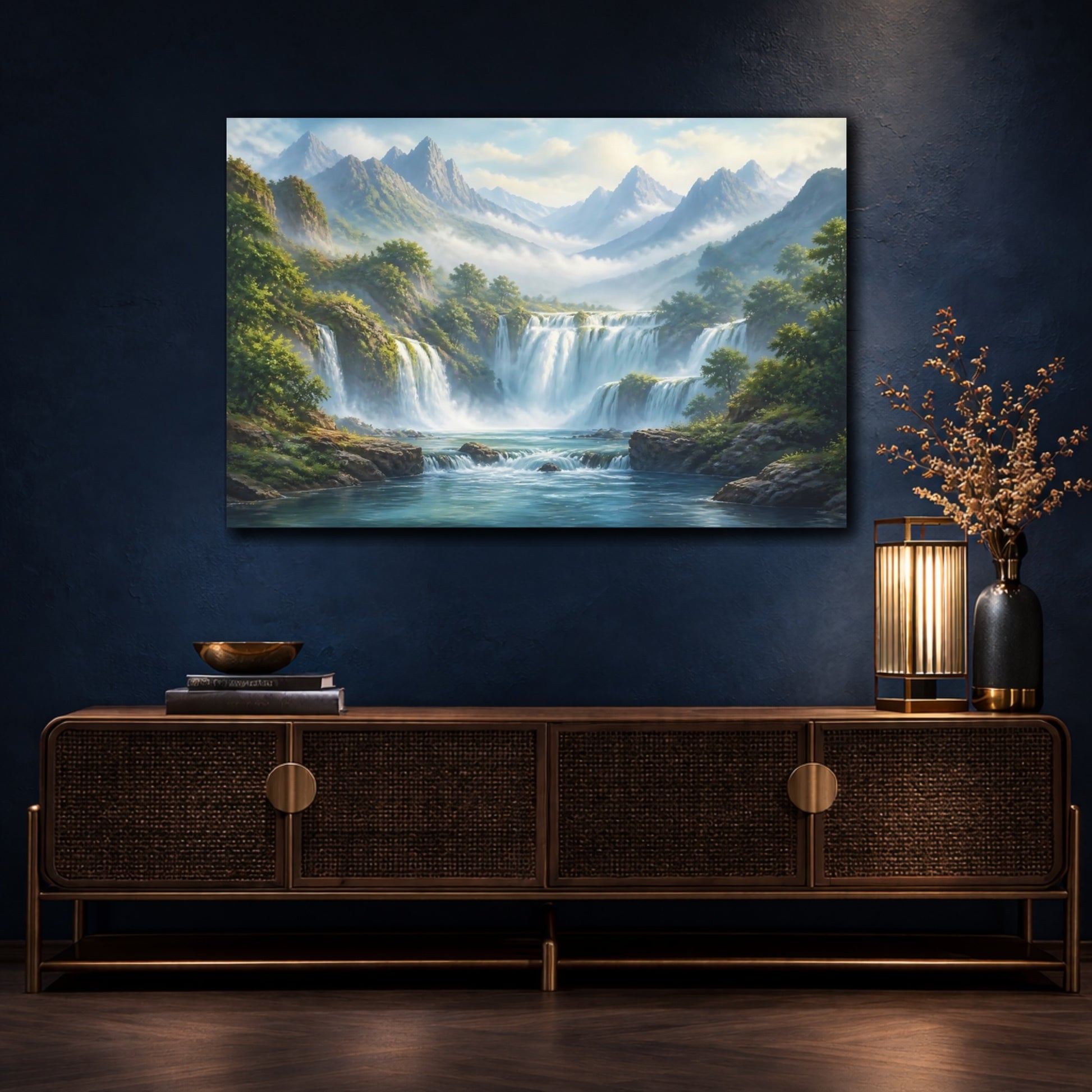 Mockup 4. Majestic Mountain Waterfalls shown as canvas print