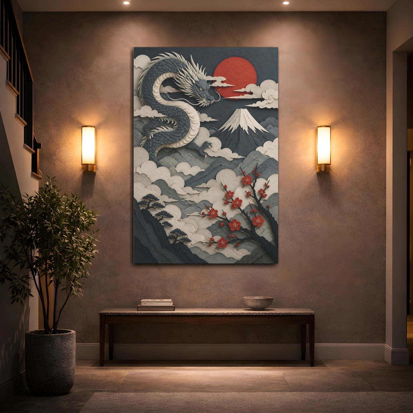 Mockup 2. Majestic Paper Dragon Sunset shown as canvas print