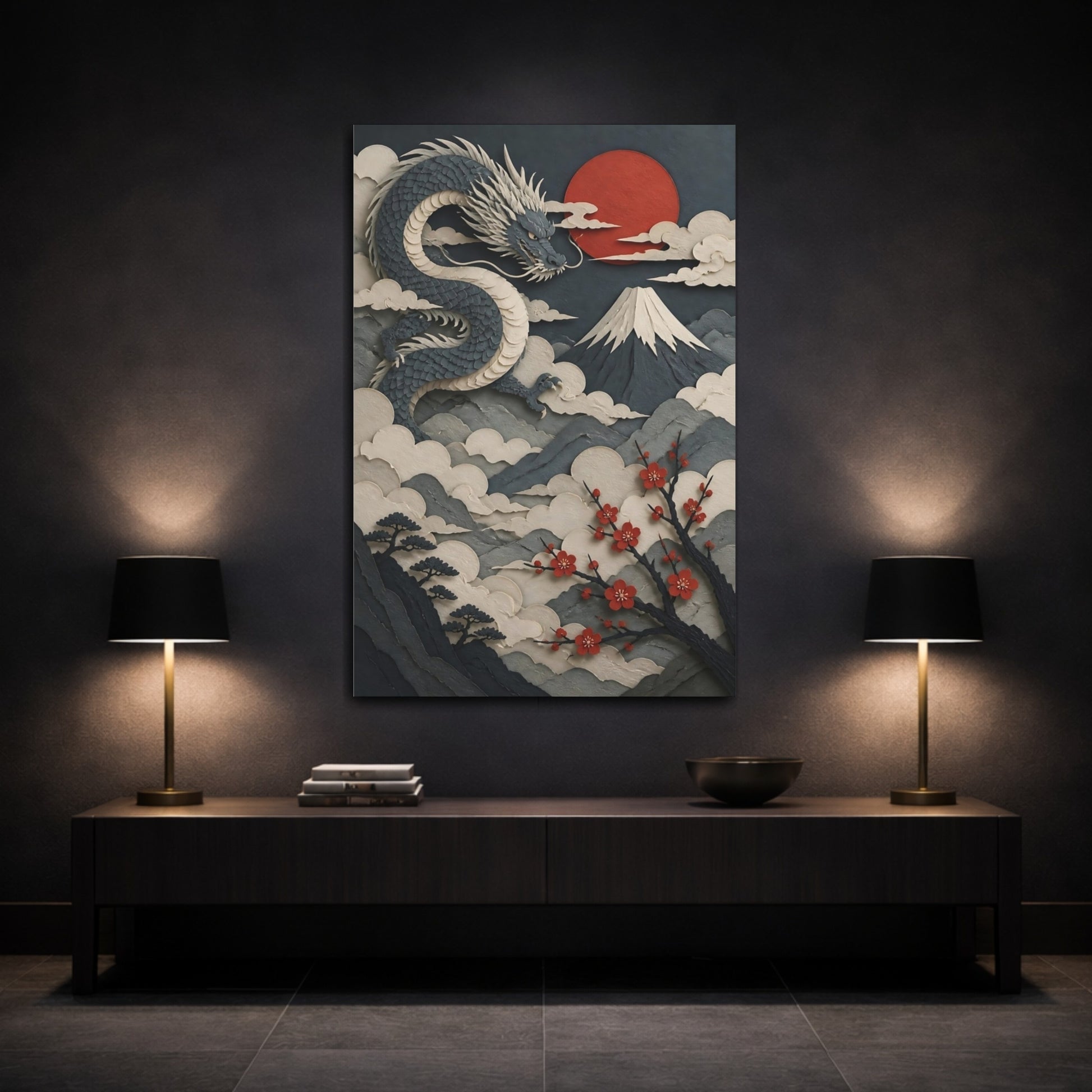 Mockup 3. Majestic Paper Dragon Sunset shown as canvas print