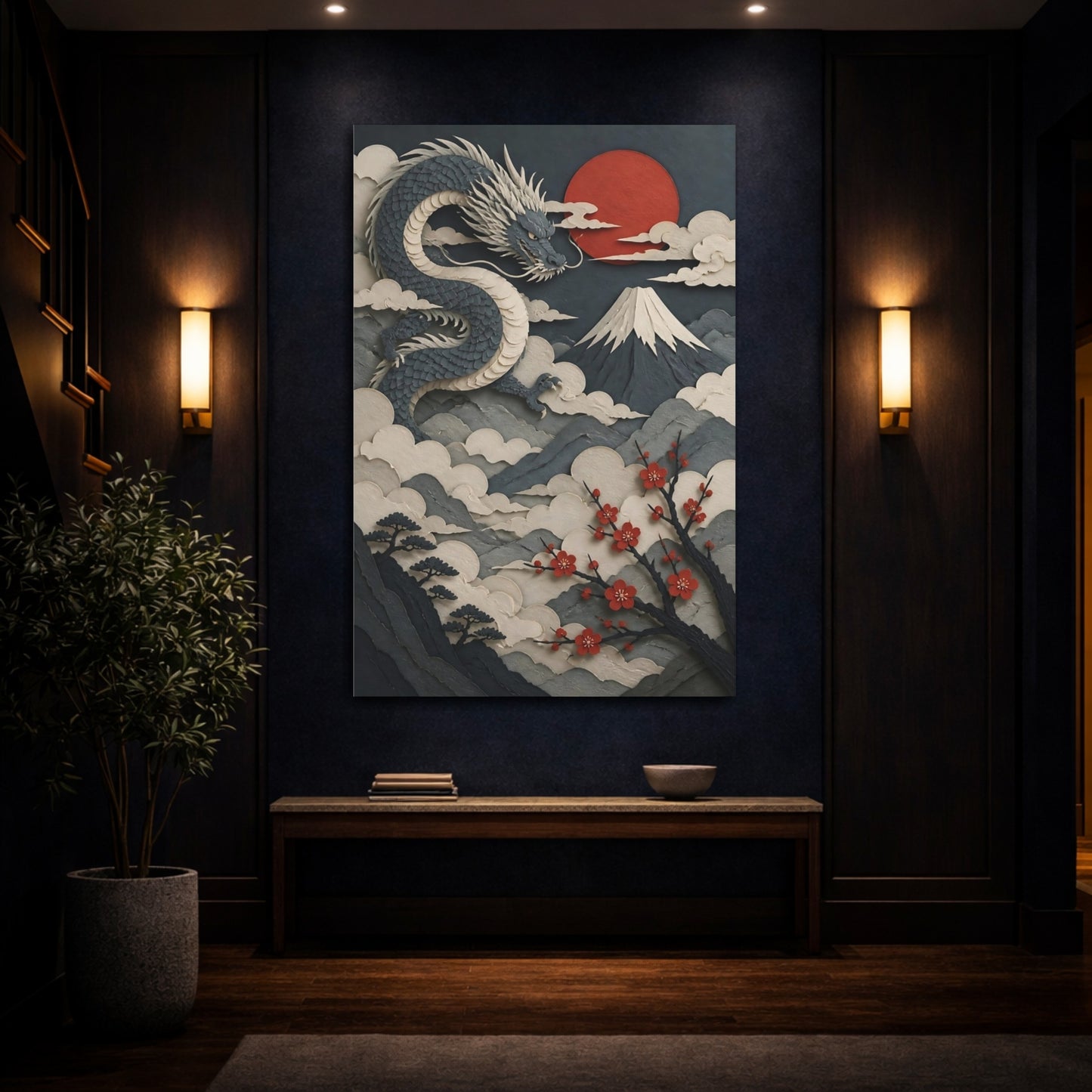 Mockup 4. Majestic Paper Dragon Sunset shown as canvas print