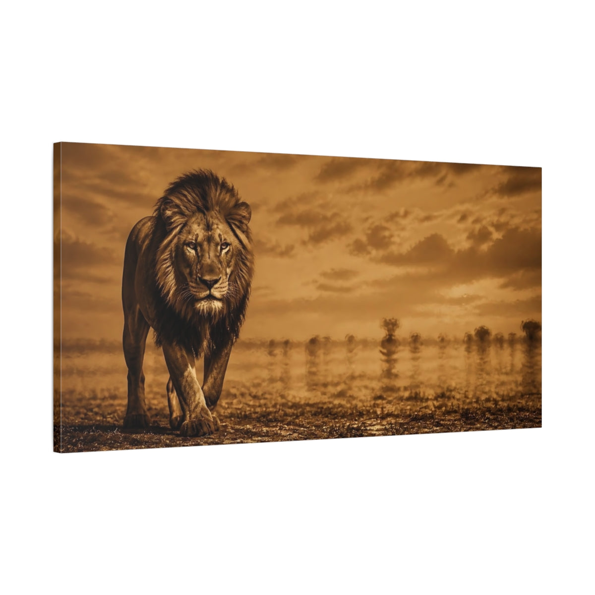 Main Mockup. Majestic Sepia Lion shown as canvas print