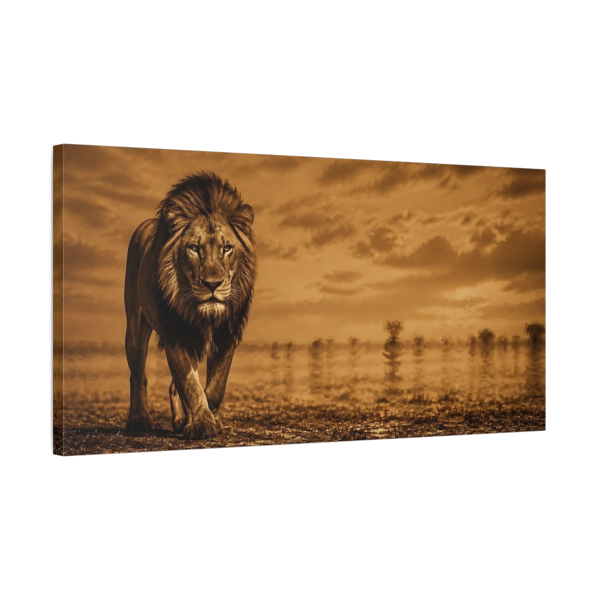 Side Mockup 1. Majestic Sepia Lion shown as canvas print