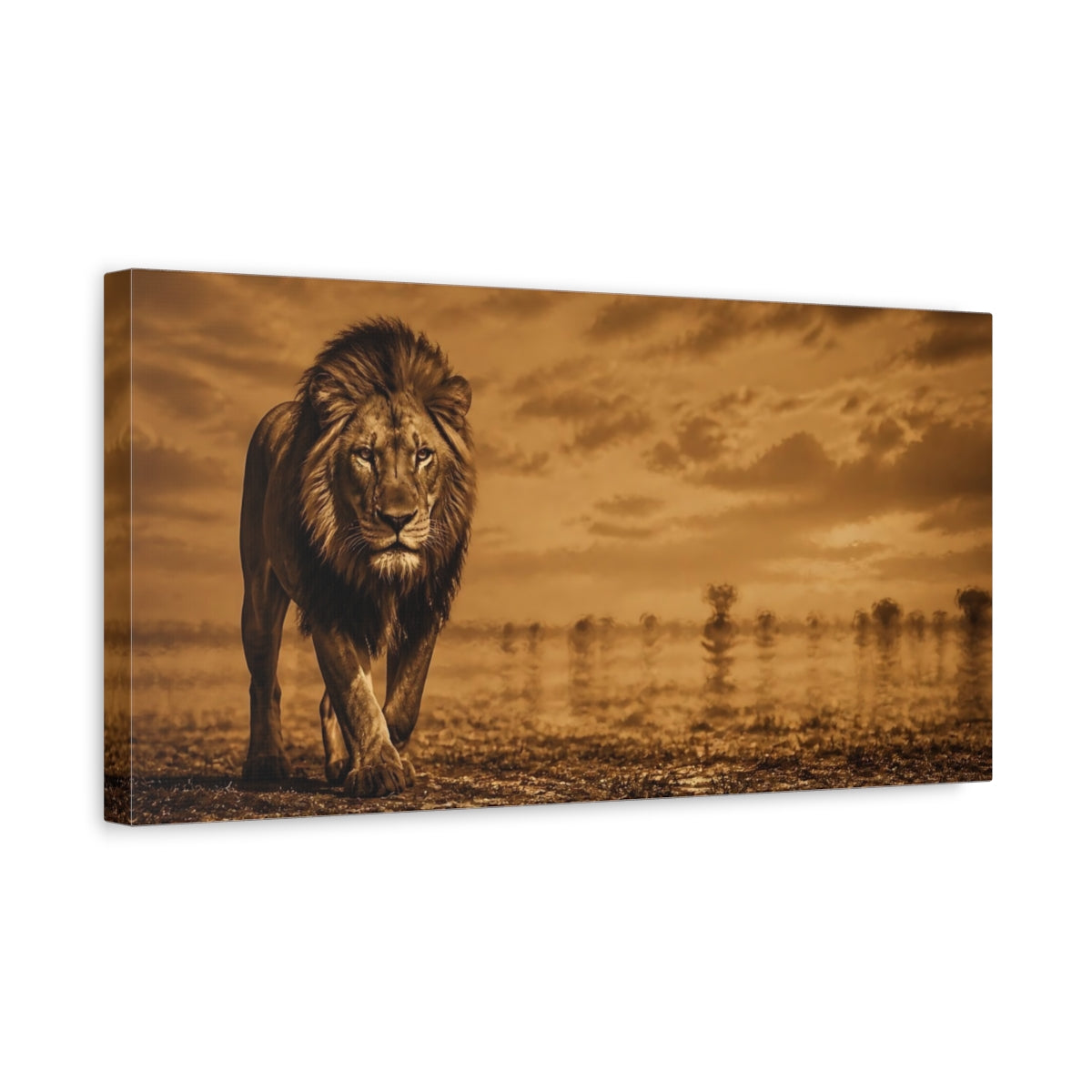 Side Mockup 3. Majestic Sepia Lion shown as canvas print