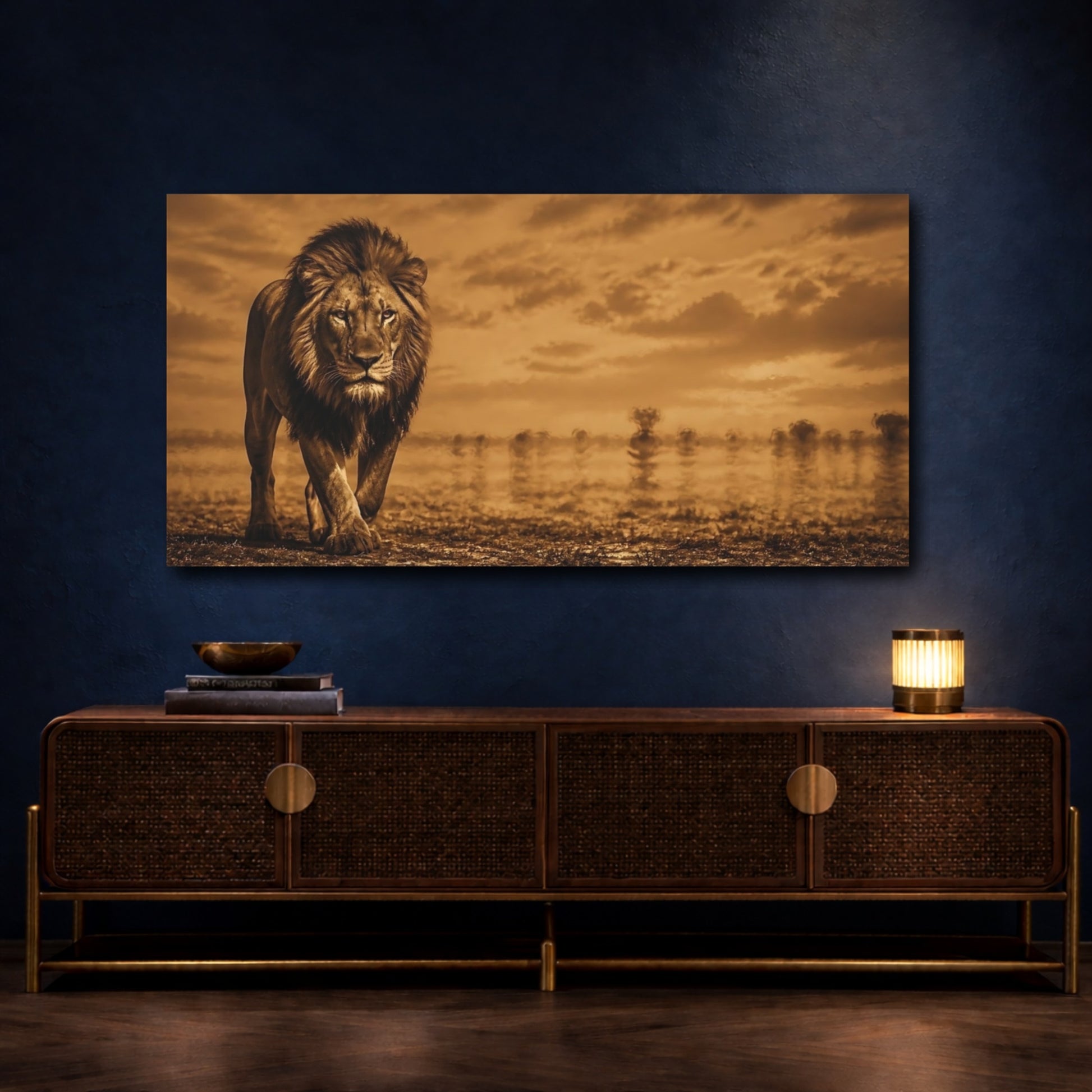 Mockup 4. Majestic Sepia Lion shown as canvas print