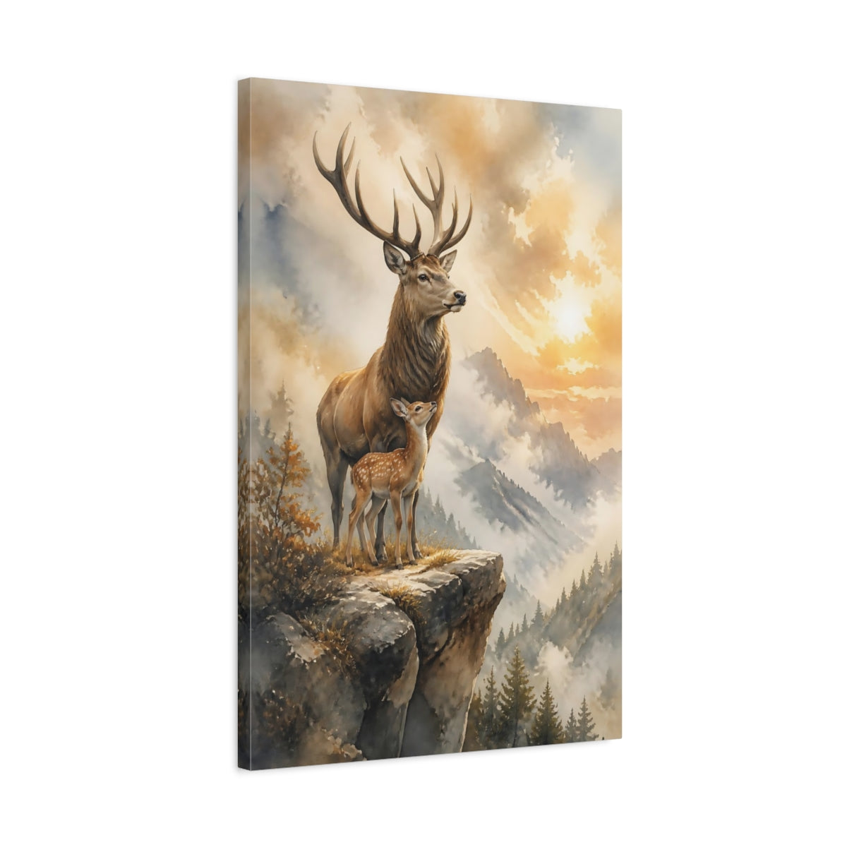 Side Mockup 2. Majestic Stag And Fawn shown as canvas print