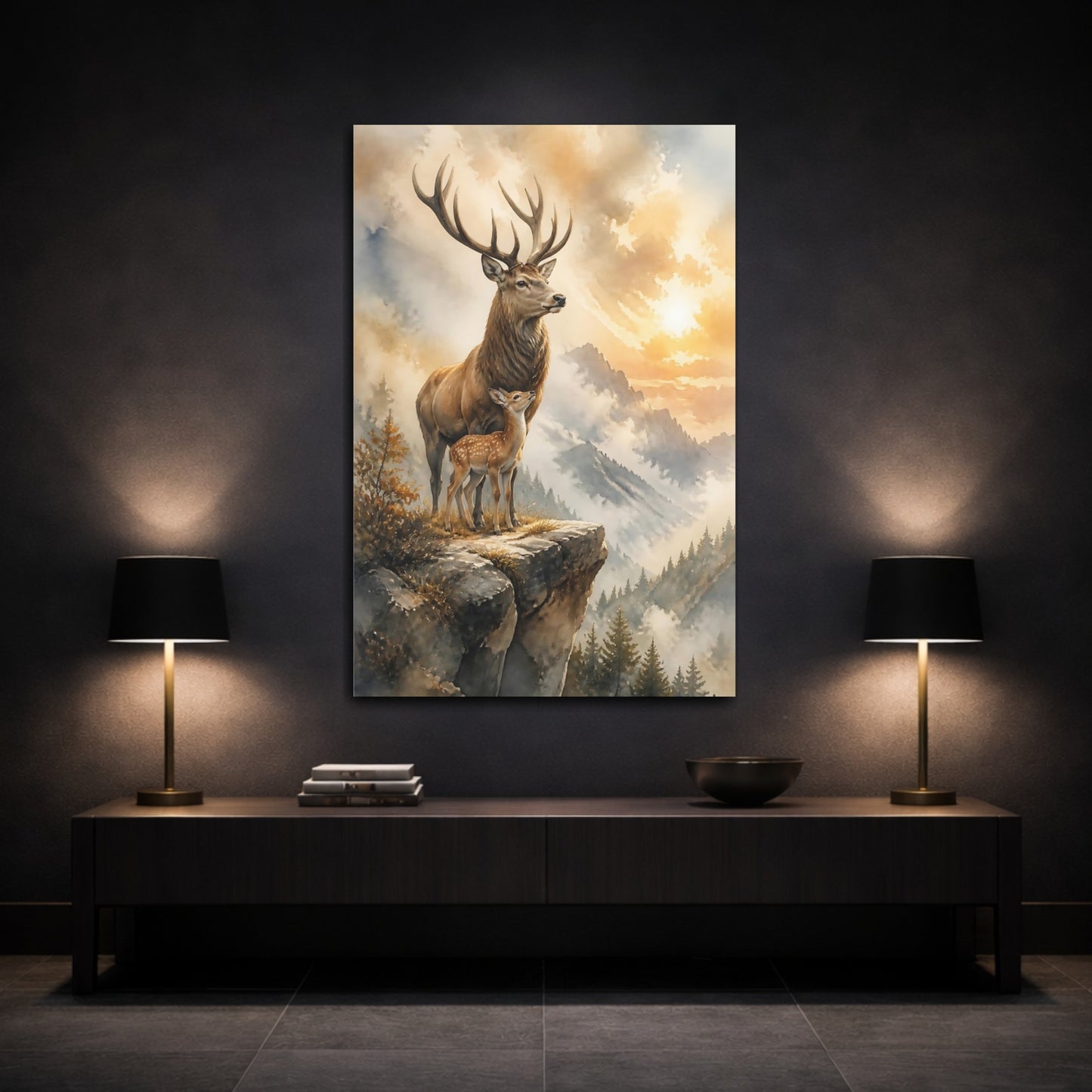 Mockup 3. Majestic Stag And Fawn shown as canvas print