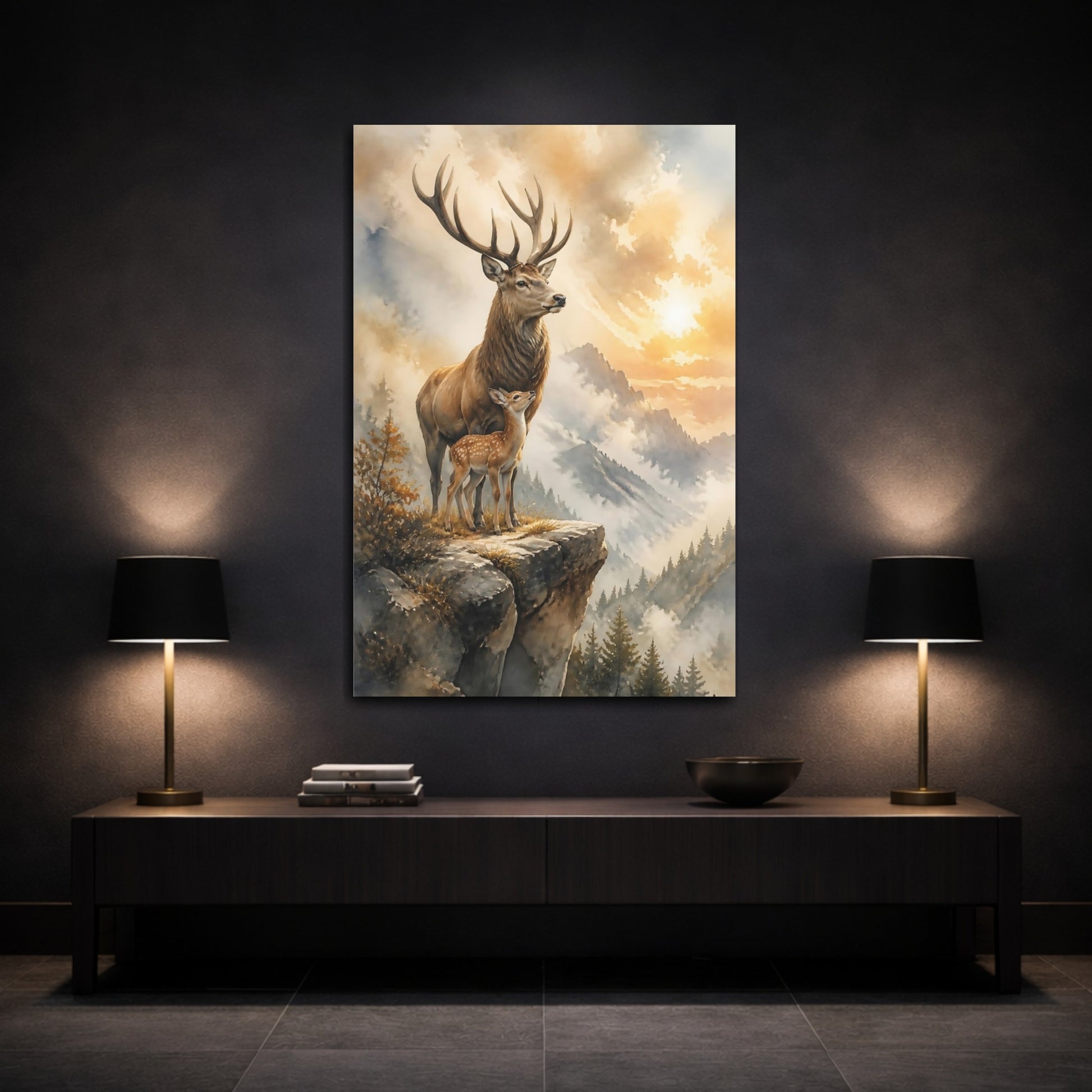 Mockup 3. Majestic Stag And Fawn shown as canvas print