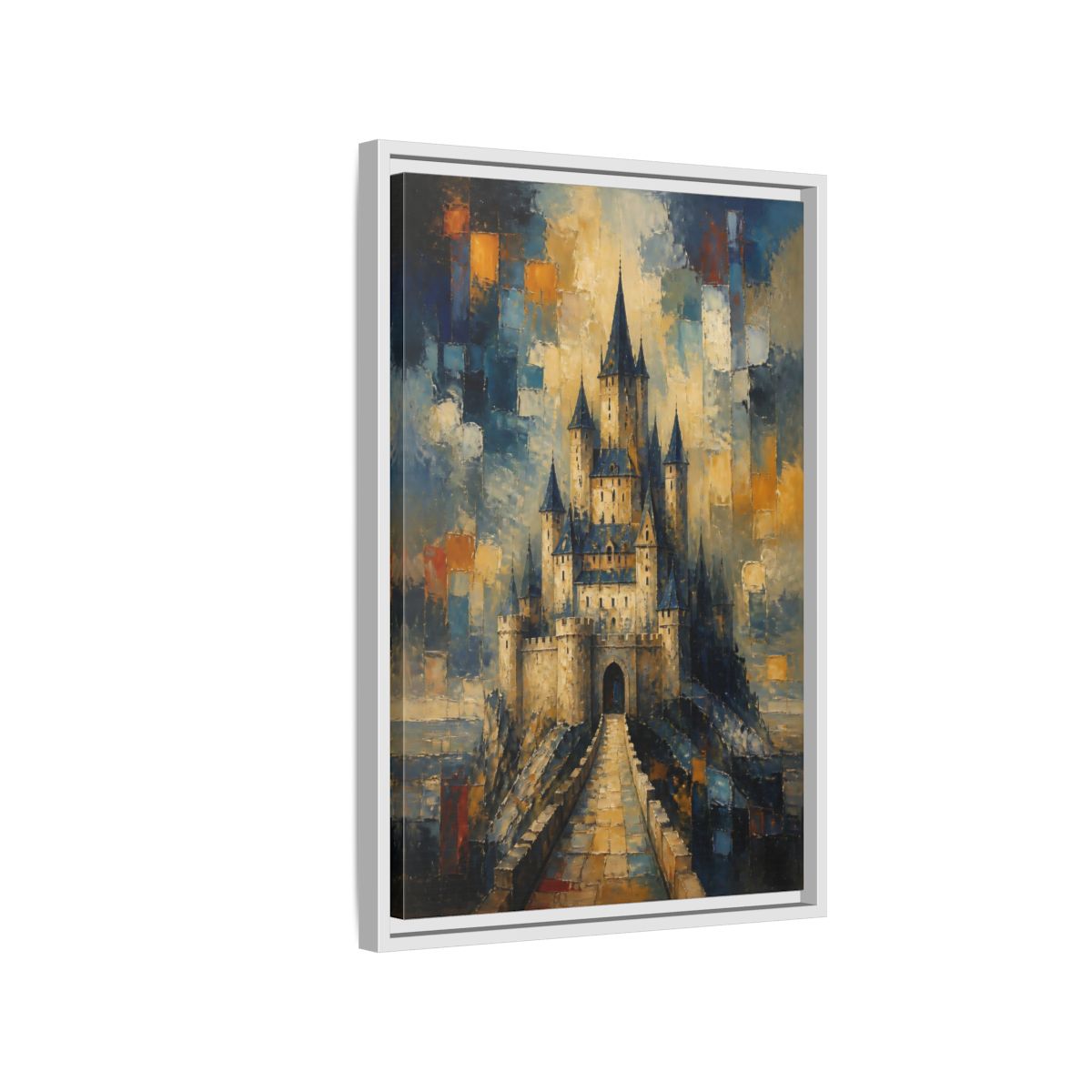 Side Mockup 1. Majestic Stone Castle shown as framed canvas print