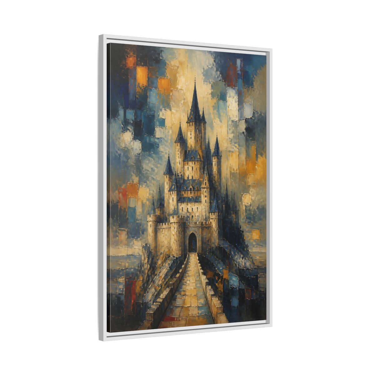 Side Mockup 9. Majestic Stone Castle shown as framed canvas print