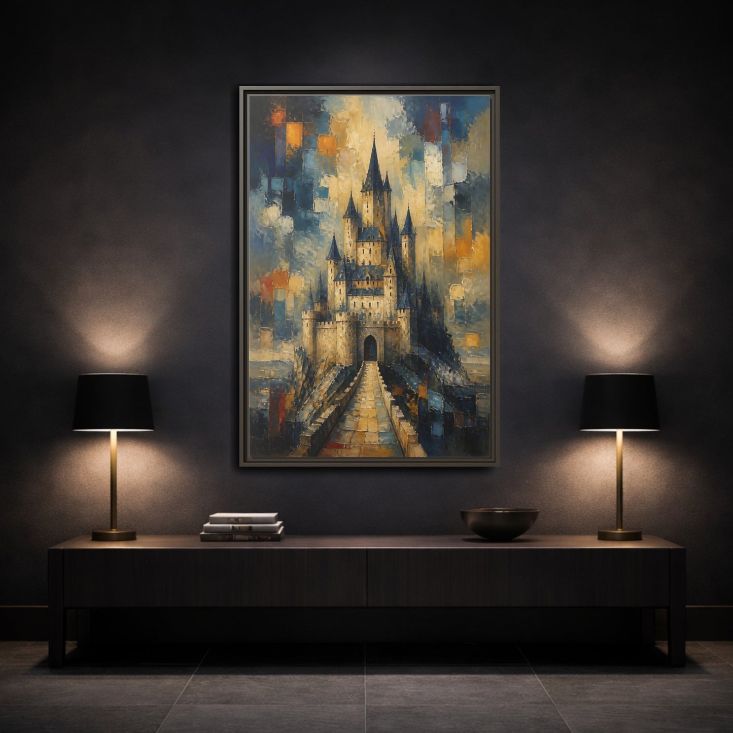 Mockup 3. Majestic Stone Castle shown as framed canvas print