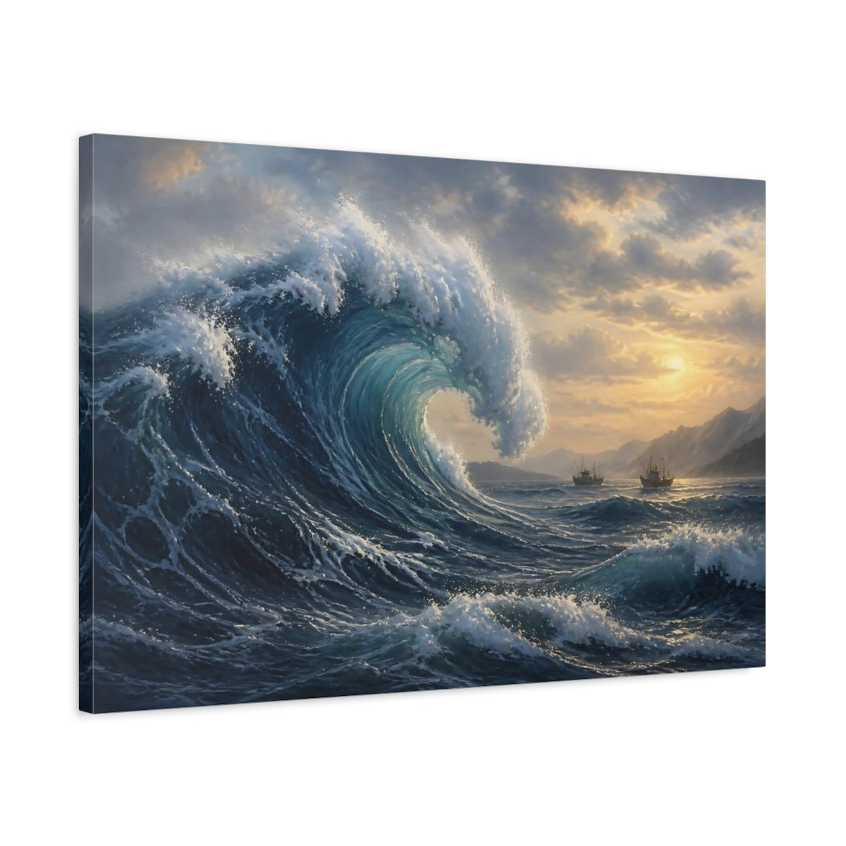 Side Mockup 2. Majestic Sunset Wave shown as canvas print