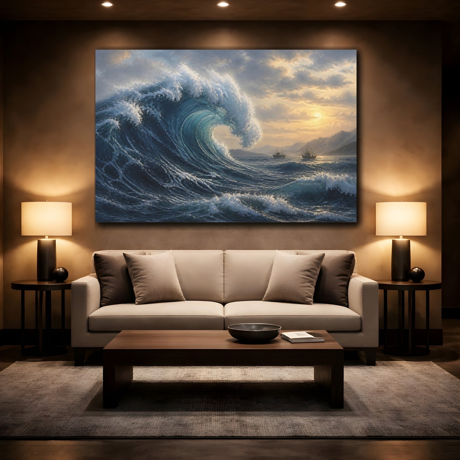 Mockup 2. Majestic Sunset Wave shown as canvas print