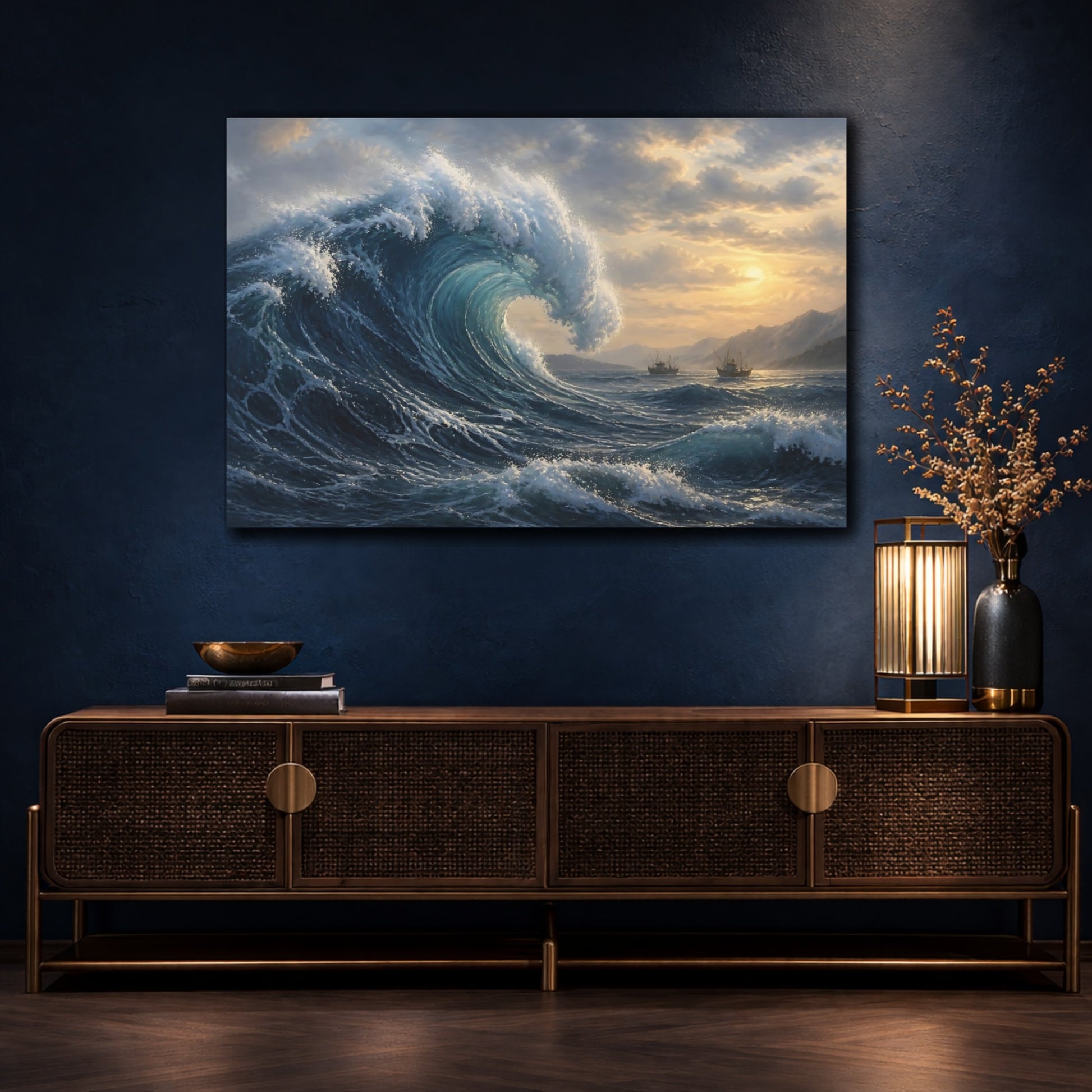 Mockup 4. Majestic Sunset Wave shown as canvas print