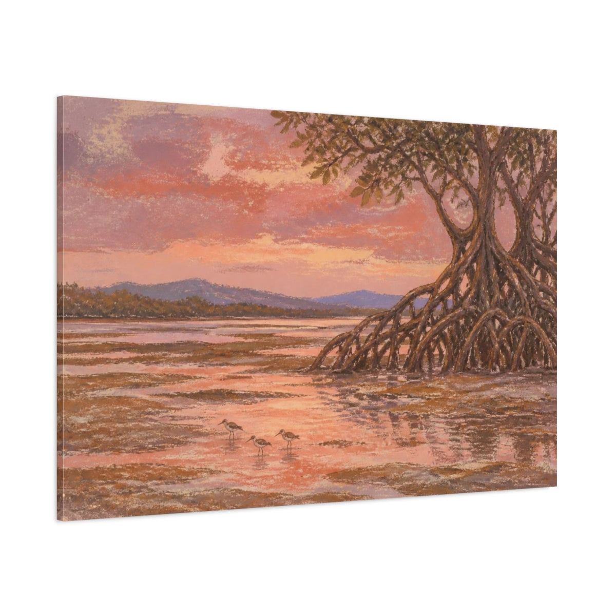 Side Mockup 1. Mangrove Landscape At Dusk shown as canvas print
