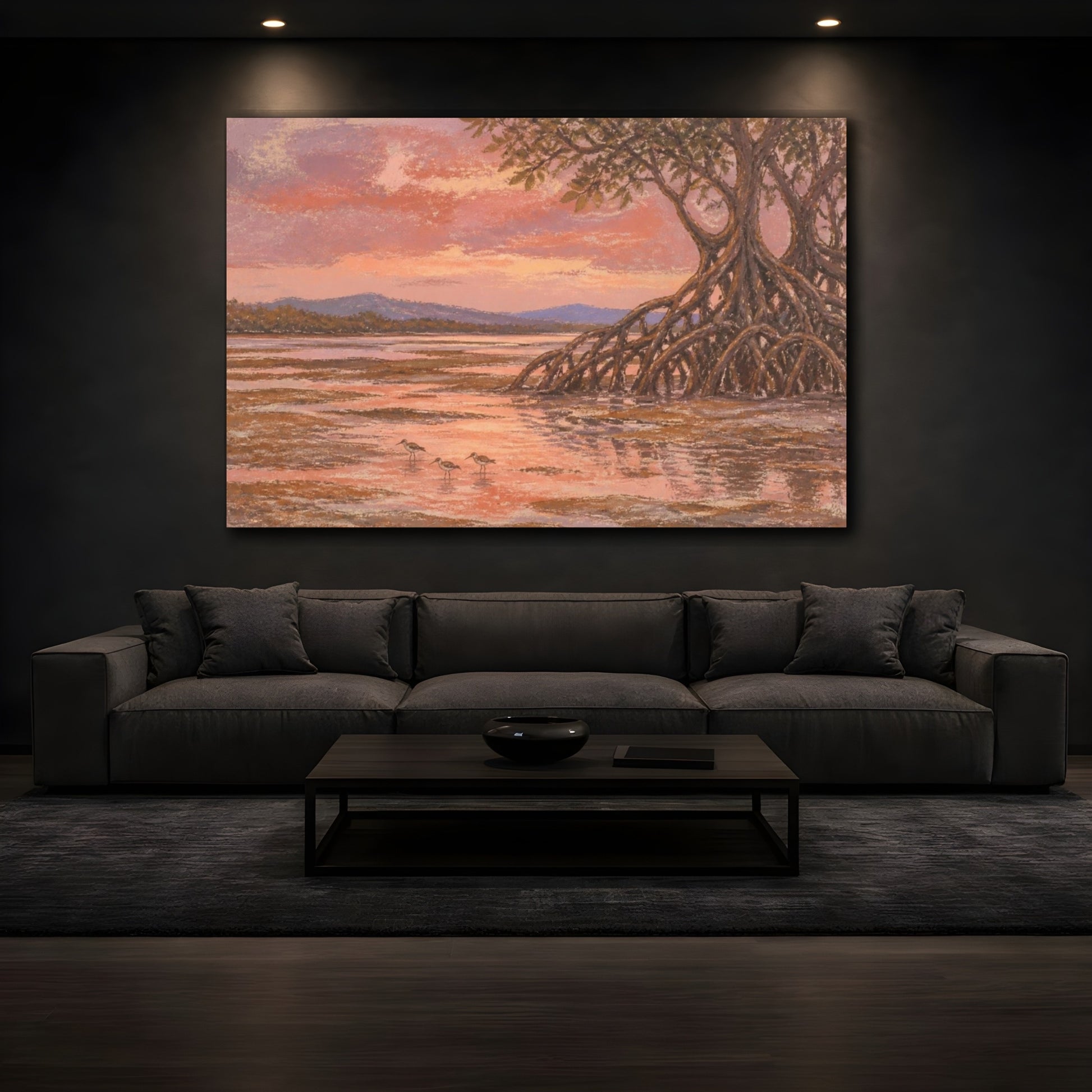 Mockup 3. Mangrove Landscape At Dusk shown as canvas print