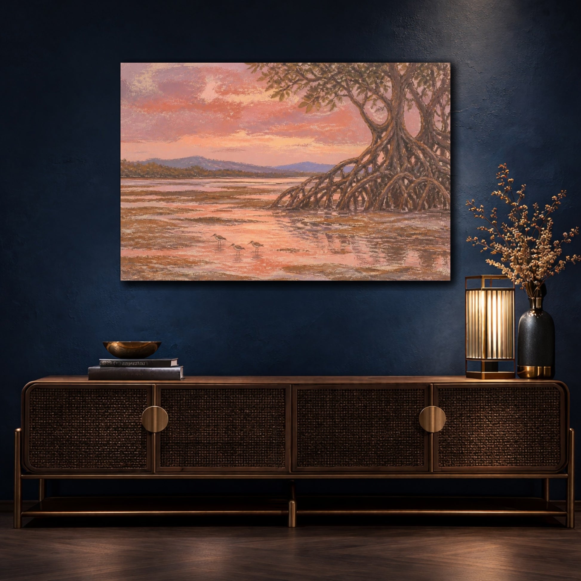 Mockup 4. Mangrove Landscape At Dusk shown as canvas print
