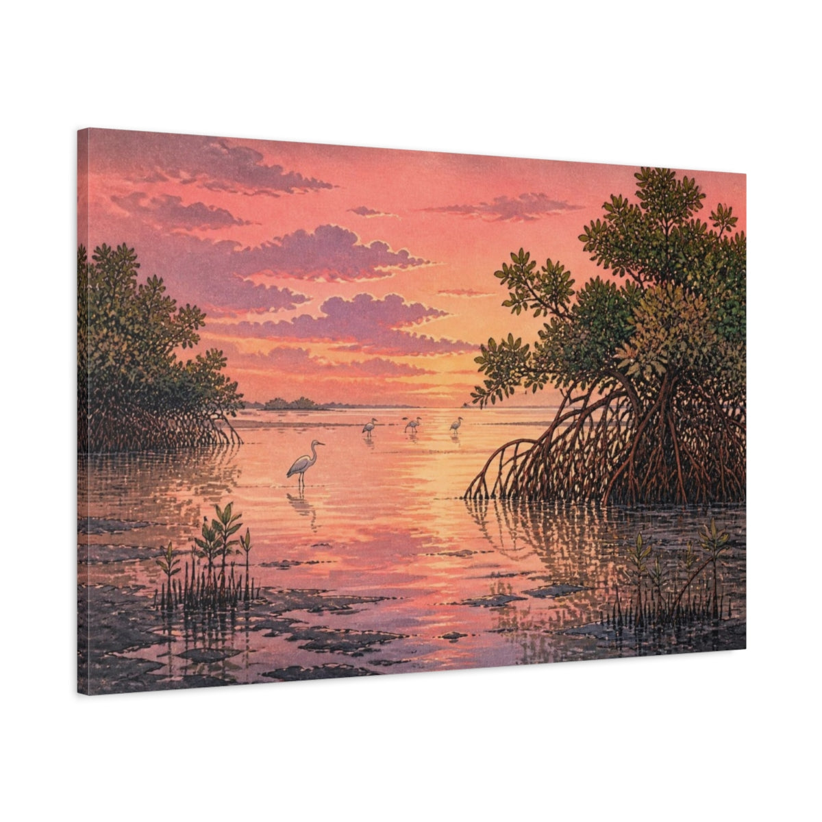 Main Mockup. Mangrove Sunset Landscape shown as canvas print