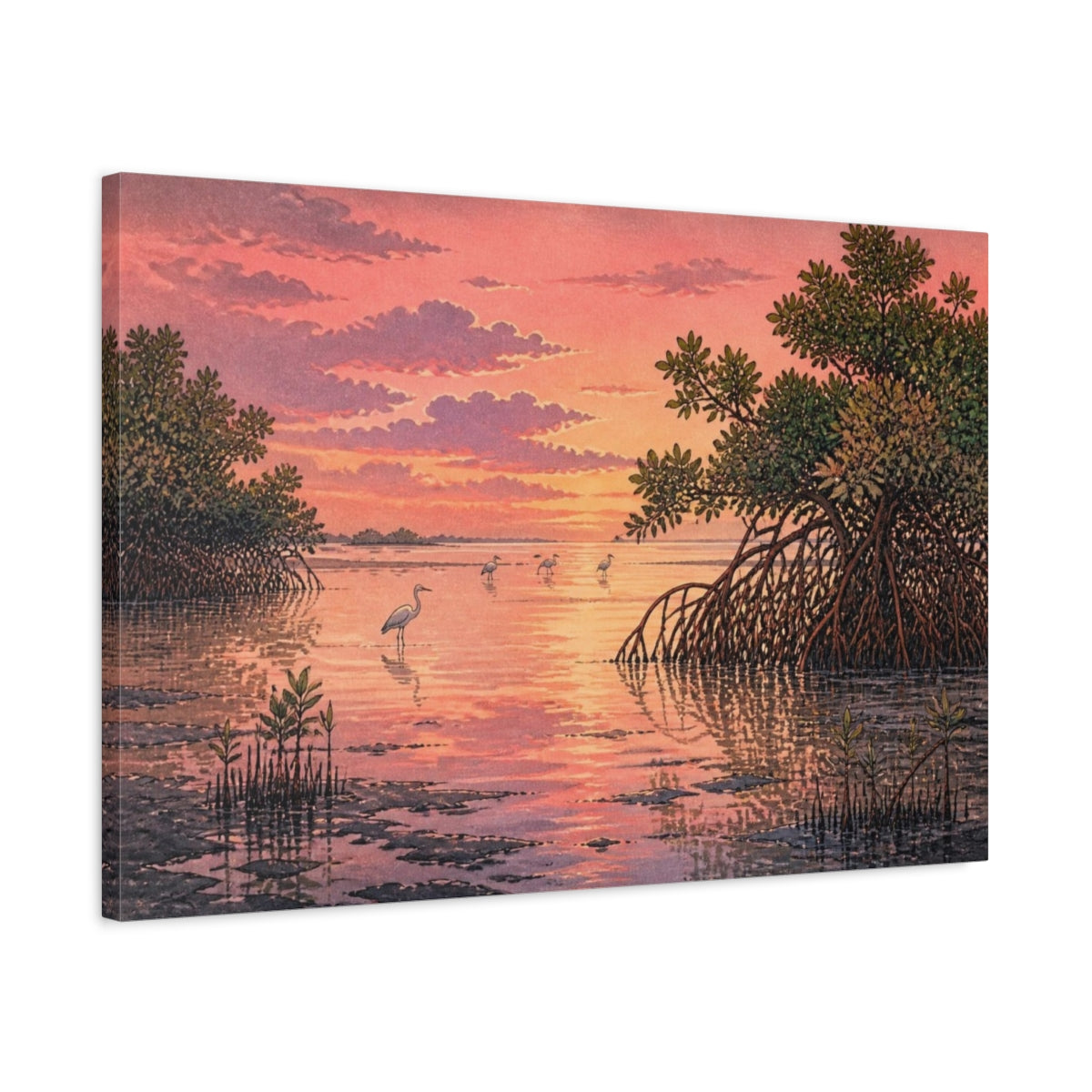 Side Mockup 2. Mangrove Sunset Landscape shown as canvas print