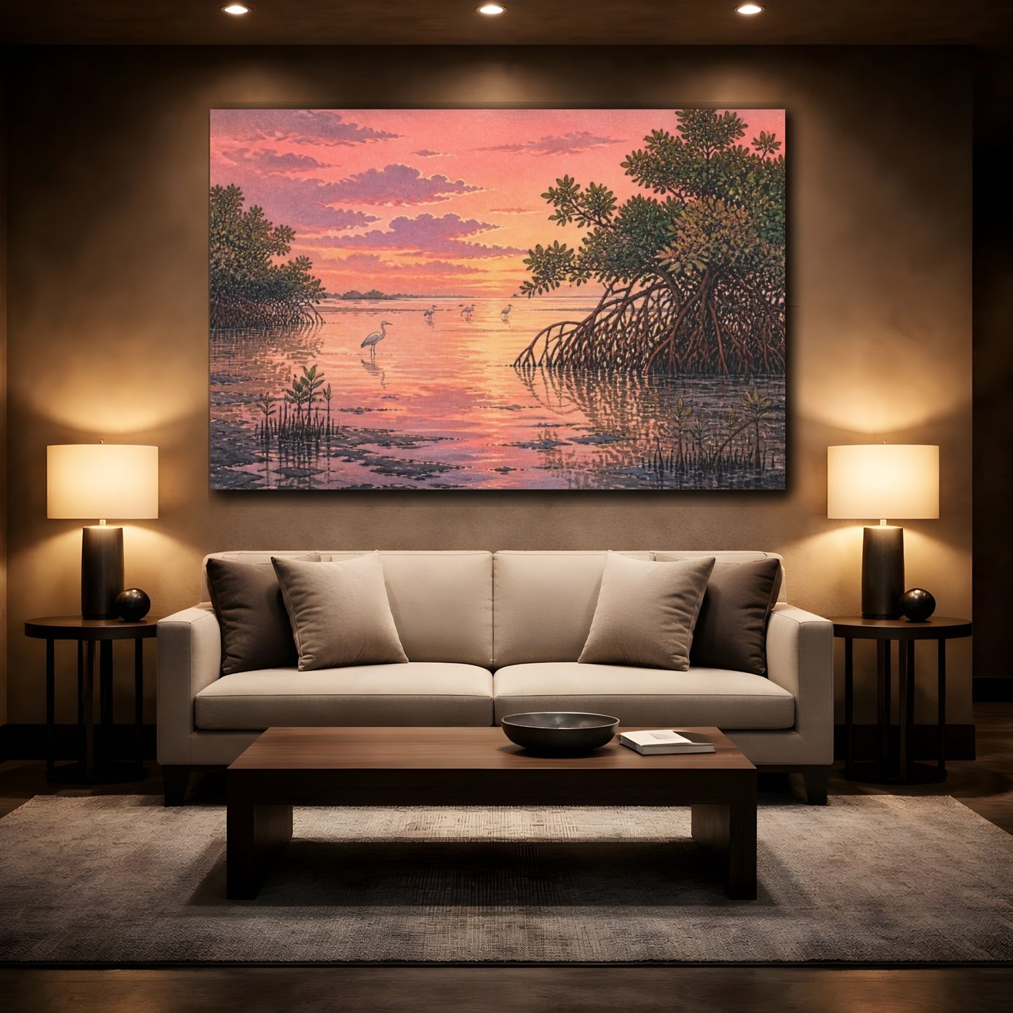 Mockup 2. Mangrove Sunset Landscape shown as canvas print
